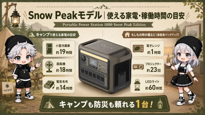 Snow Peakモデル｜使える家電・稼働時間の目安