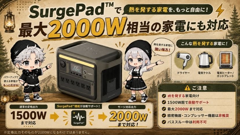 SurgePad™で最大2000W相当の家電にも対応