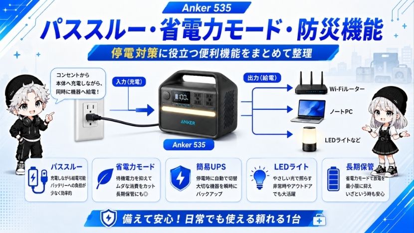 Anker 535｜パススルー・省電力モード・防災機能