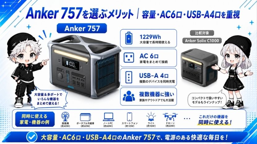 Anker 757を選ぶメリット｜容量・AC6口・USB-A4口を重視