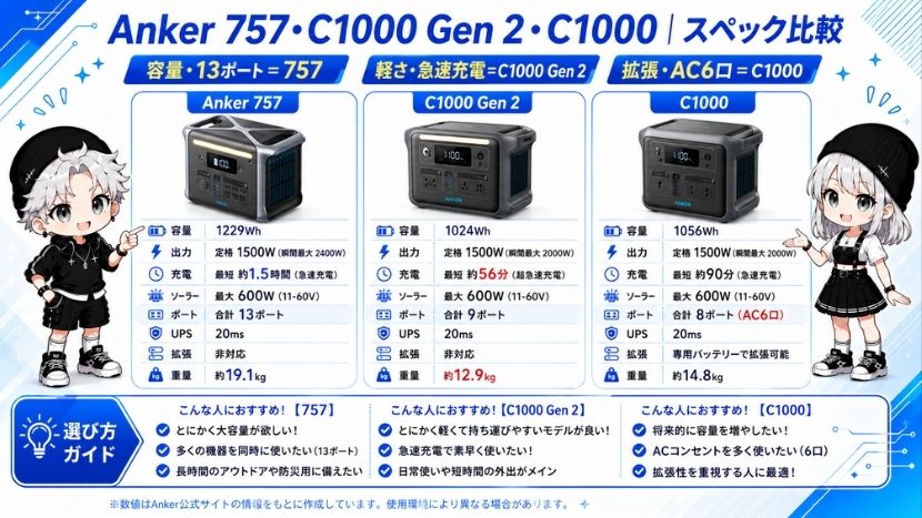 Anker 757・C1000 Gen 2・C1000｜スペック比較