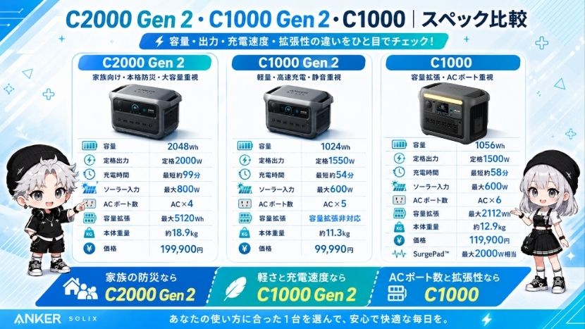 C2000 Gen 2・C1000 Gen 2・C1000｜スペック比較