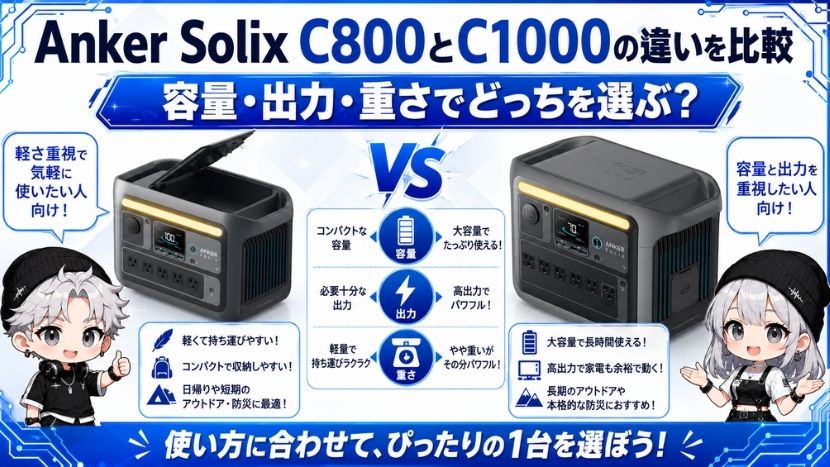 Anker Solix C800とC1000の違いを比較｜容量・出力・重さでどっちを選ぶ？