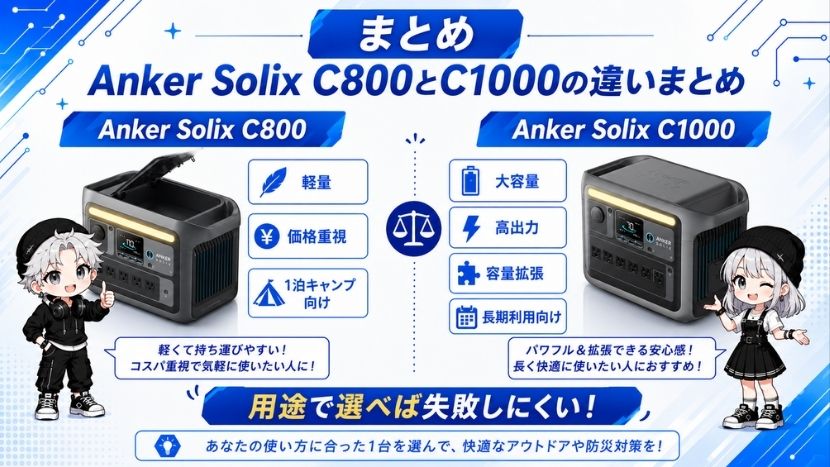 Anker Solix C800とC1000の違いを比較|まとめ