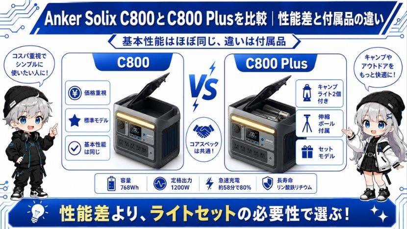 Anker Solix C800とC800 Plusを比較｜性能差と付属品の違い