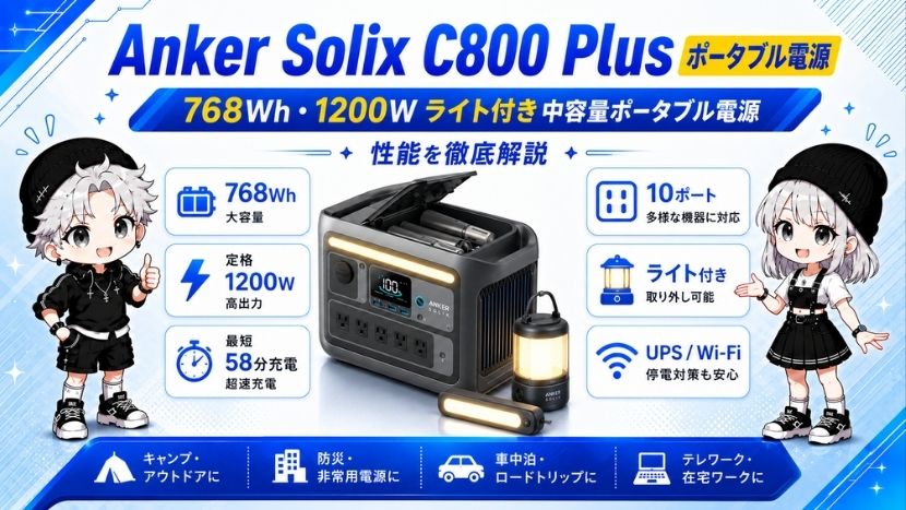 Anker Solix C800 Plus ポータブル電源｜768Wh・1200W ライト付き中