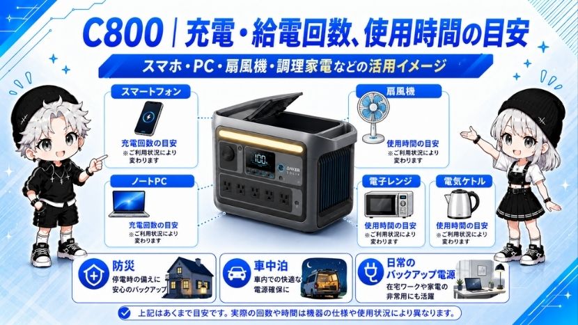 C800|充電・給電回数、使用時間の目安
