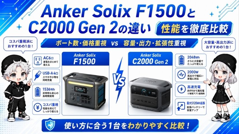 Anker Solix F1500とC2000 Gen 2の違い｜性能を徹底比較