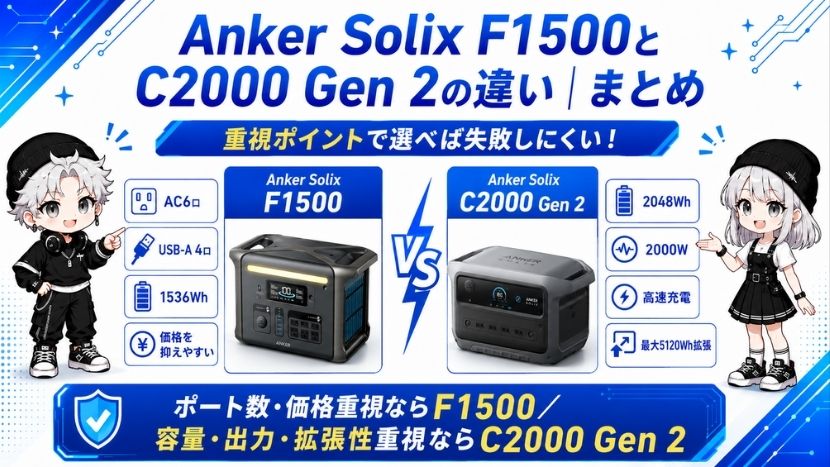 Anker Solix F1500とC2000 Gen 2の違い|まとめ