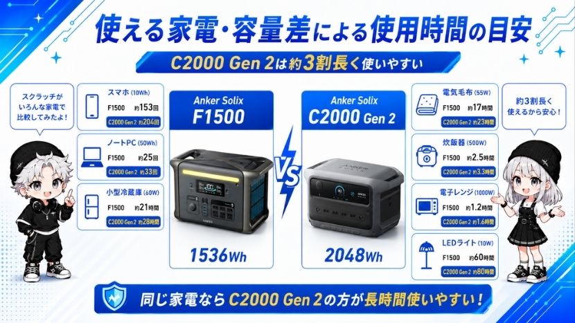 使える家電・容量差による使用時間の目安