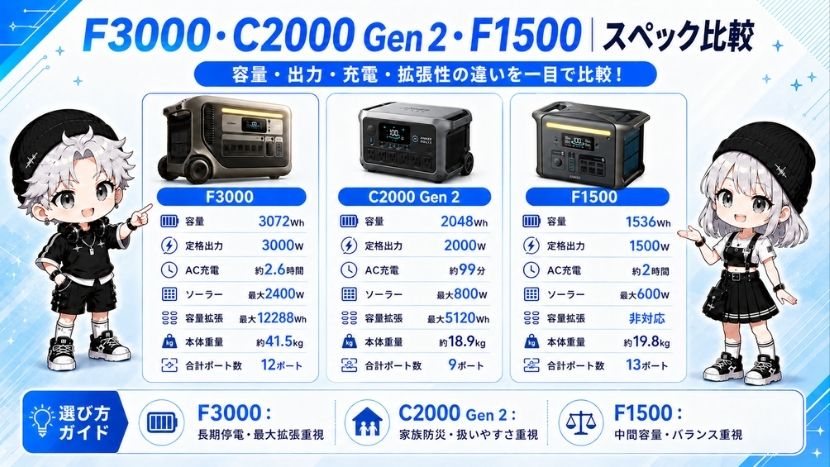 F3000・C2000 Gen 2・F1500｜スペック比較