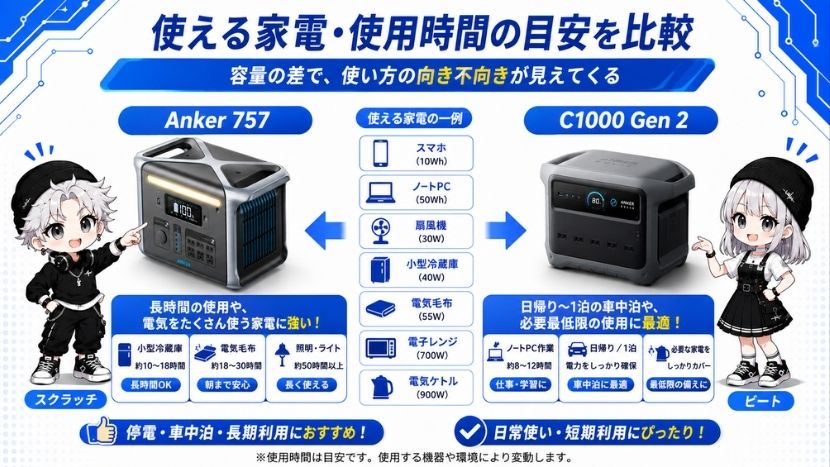 使える家電・使用時間の目安を比較