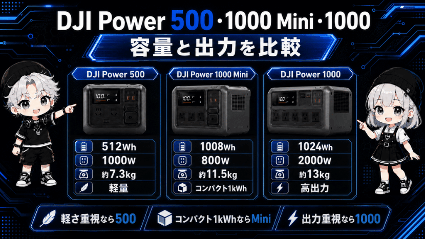DJI Power 500・1000 Mini・1000|容量と出力を比較