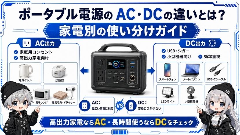 ポータブル電源のAC・DCの違いとは？家電別の使い分けガイド