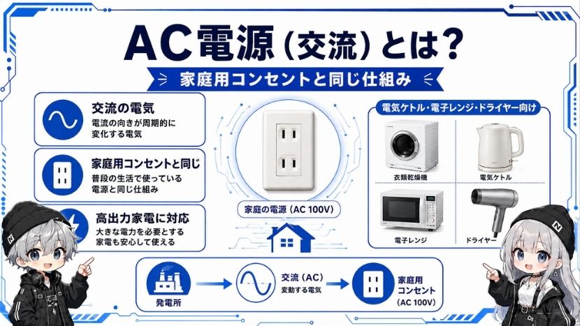 AC電源(交流)とは?家庭用コンセントと同じ仕組み