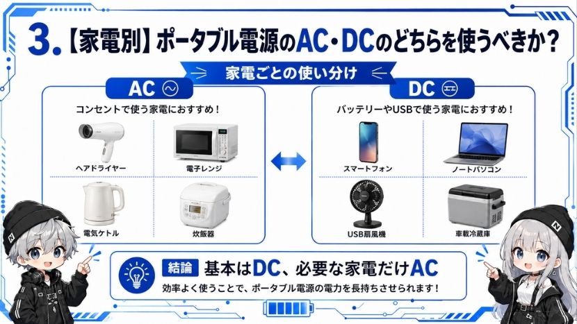 3. 【家電別】ポータブル電源のAC・DCのどちらを使うべきか?