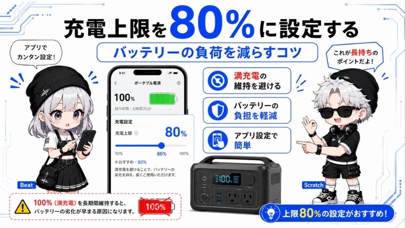 コツ③:充電上限を80%に設定し、バッテリーの負荷を減らす