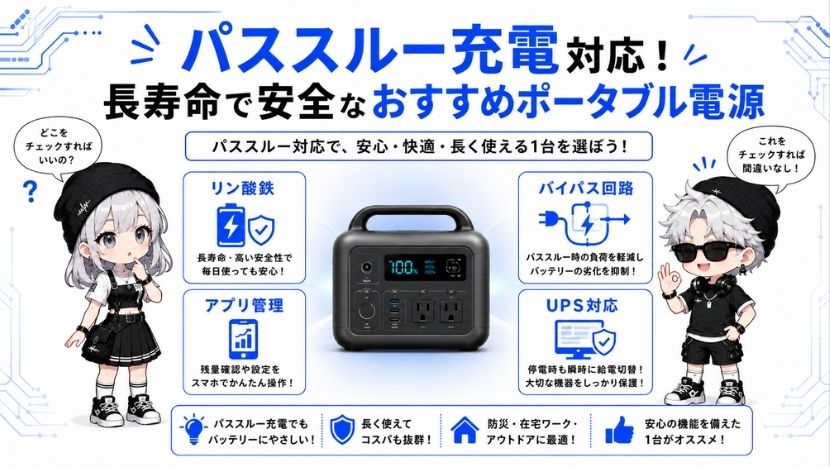 パススルー充電対応!長寿命で安全なおすすめポータブル電源