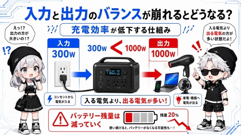 デメリット②:入力と出力のバランスが崩れると充電効率が低下する