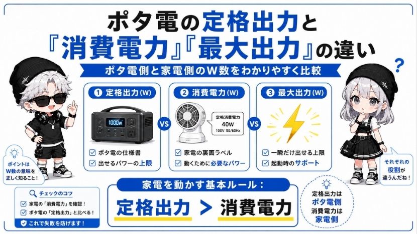 ポタ電の定格出力と「消費電力」「最大出力」の違い