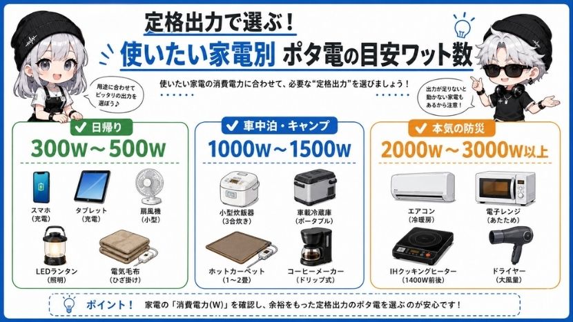定格出力で選ぶ!使いたい家電別ポタ電の目安ワット数