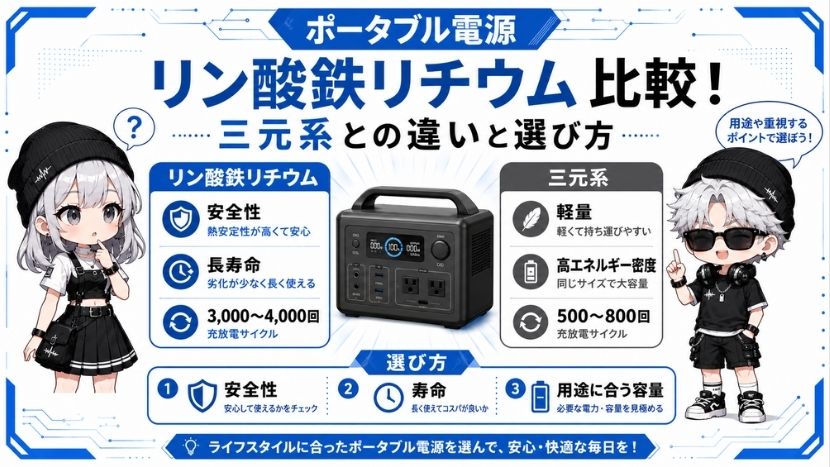 ポータブル電源 リン酸鉄リチウム 比較！三元系との違いと選び方