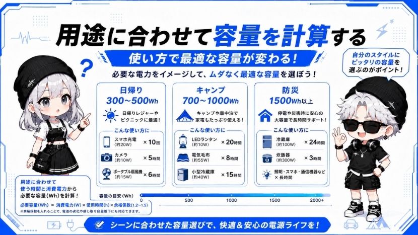 【ステップ1】用途（キャンプ・車中泊・防災）に合わせて容量を計算する