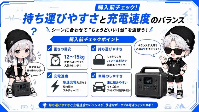 【ステップ3】持ち運びやすさ（重量）と充電速度のバランスを見る
