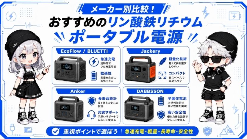 メーカー別比較！おすすめのリン酸鉄リチウムポータブル電源