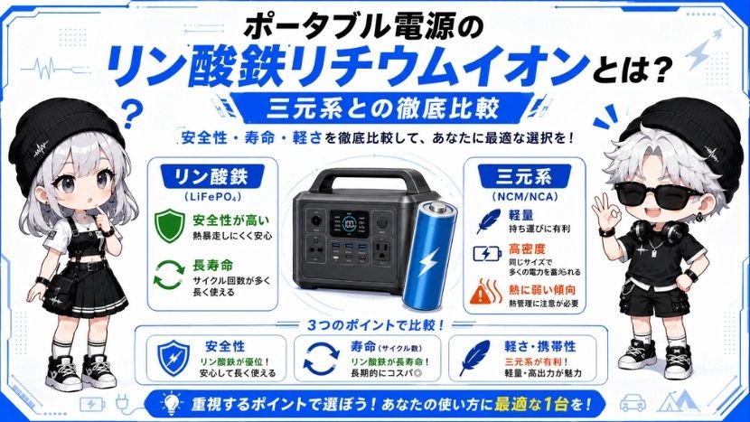 ポータブル電源のリン酸鉄リチウムイオンとは？三元系との徹底比較