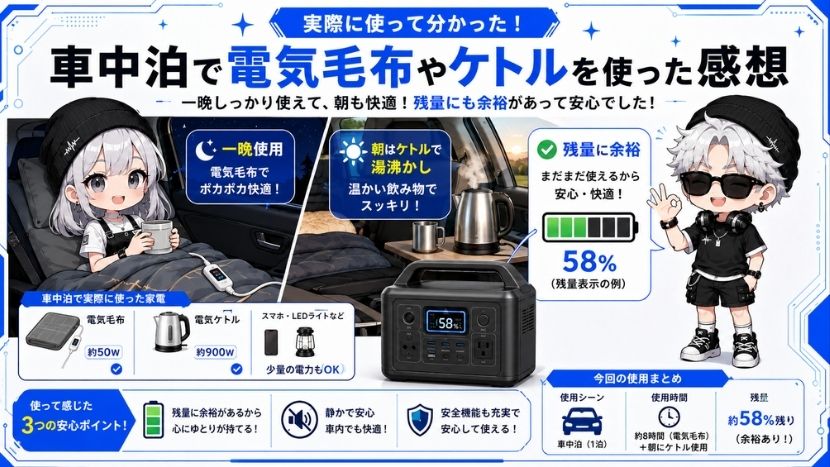 実際に車中泊で電気毛布やケトルを使ってみた感想