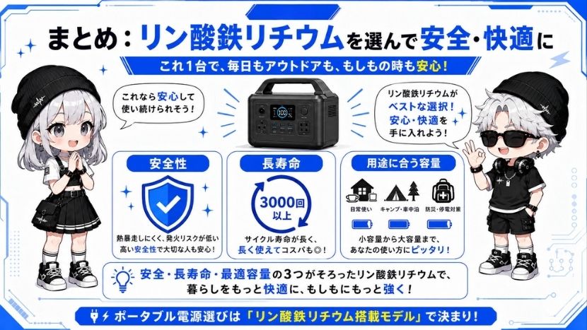 まとめ：ポータブル電源はリン酸鉄リチウムを選んで安全・快適に