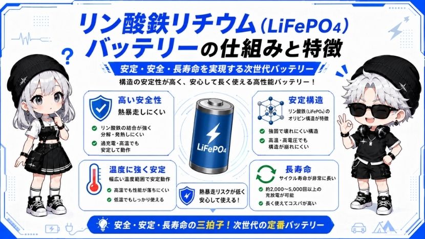 リン酸鉄リチウム（LiFePO4）バッテリーの仕組みと特徴
