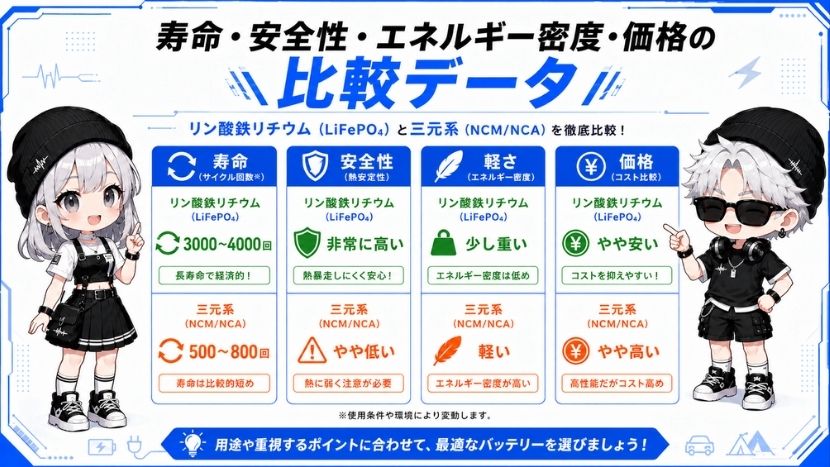 【比較表】寿命・安全性・エネルギー密度・価格の比較データ