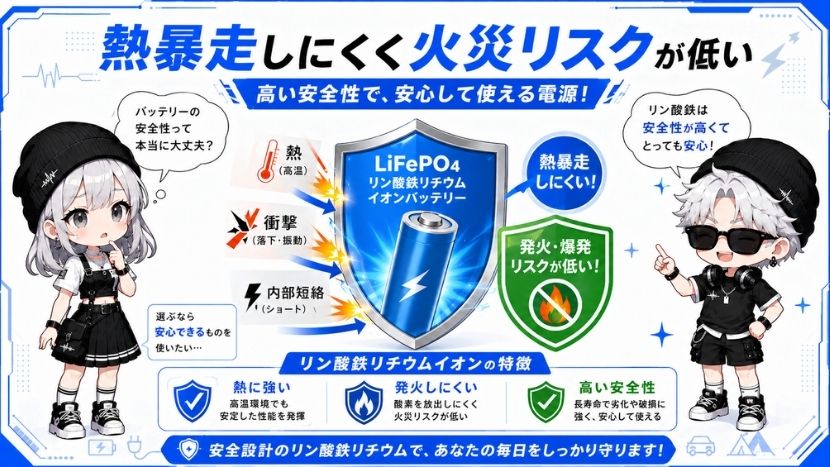 メリット①：熱暴走しにくく火災リスクが低い（高い安全性）