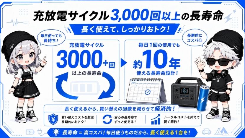 メリット②：充放電サイクル3,000回以上の圧倒的な長寿命