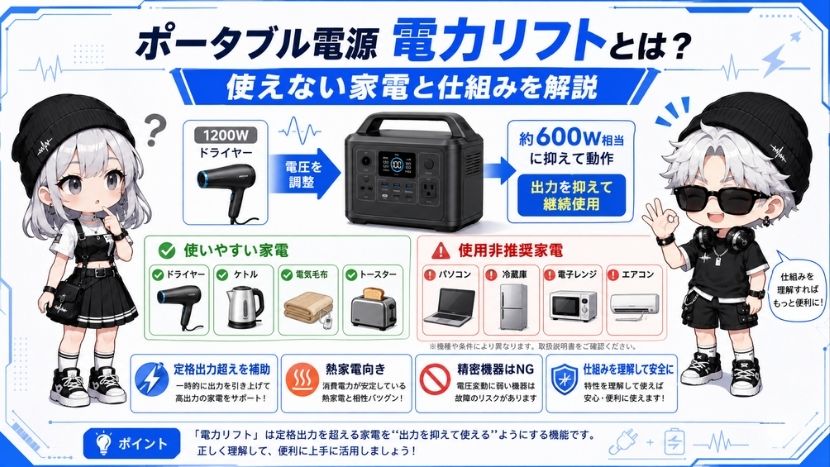 ポータブル電源 電力リフトとは？使えない家電と仕組みを解説