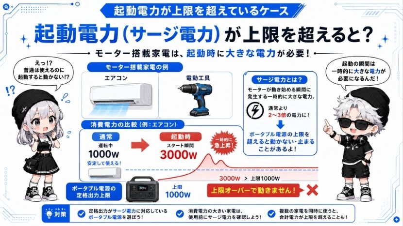 起動電力（サージ電力）がポータブル電源の上限を超えているケース