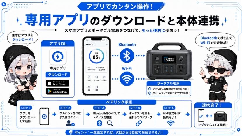 ステップ1：専用アプリのダウンロードと本体との連携