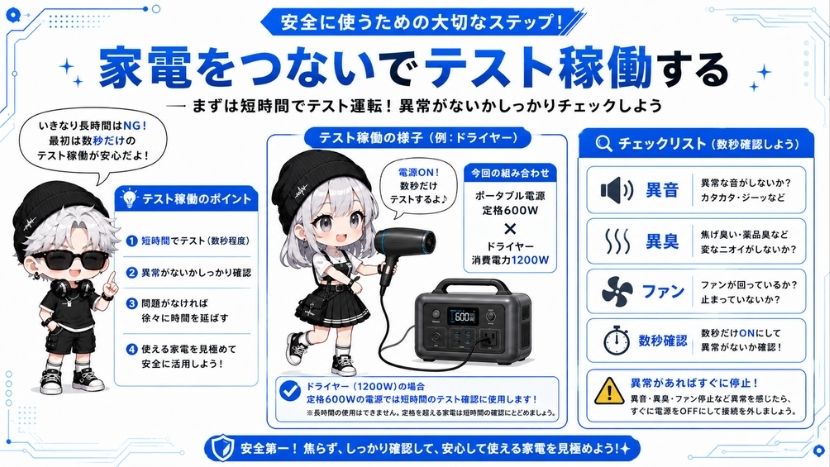 ステップ3：家電を繋いで異音・異臭がないかテスト稼働する