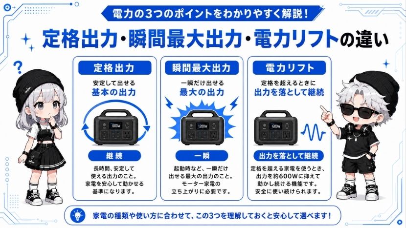 定格出力・瞬間最大出力と電力リフトの違い（比較表）