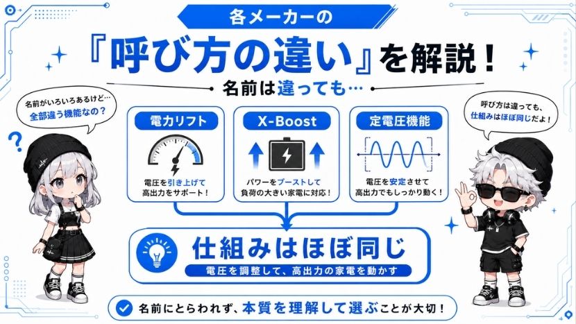 各メーカーの呼び方の違い（BLUETTI 電力リフト / EcoFlow X-Boostなど）