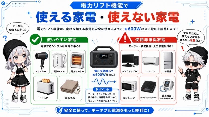 電力リフト機能で「使える家電」と「使えない家電」の見分け方