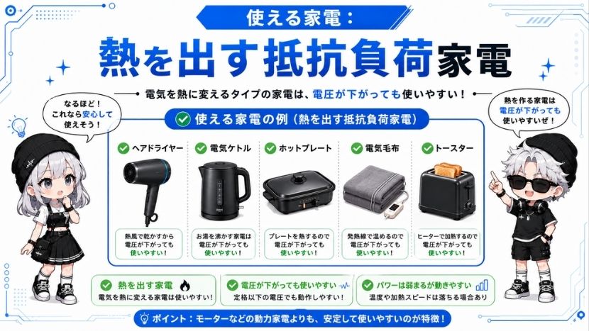 【使える】ドライヤーやケトルなど「熱を出す」抵抗負荷家電