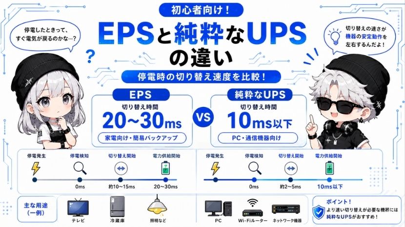 ポタ電に多い「EPS（簡易UPS）」と純粋なUPSの違い