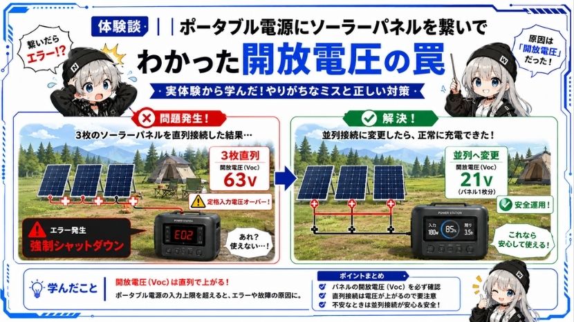 【体験談】ポータブル電源にソーラーパネルを繋いでわかった開放電圧の罠