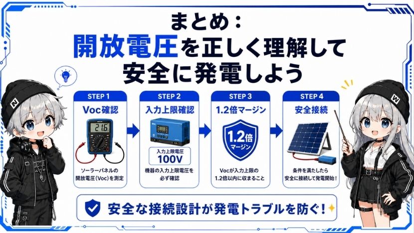 まとめ:ソーラーパネルの開放電圧を正しく理解して安全に発電しよう