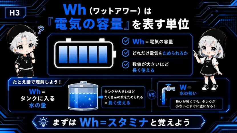 Wh(ワットアワー)は「電気の容量」を表す単位