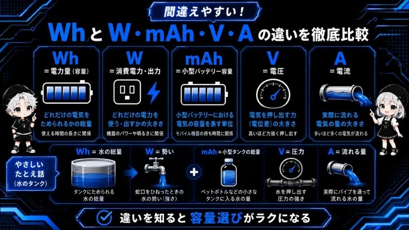 間違えやすい!WhとW・mAh・V・Aの違いを徹底比較