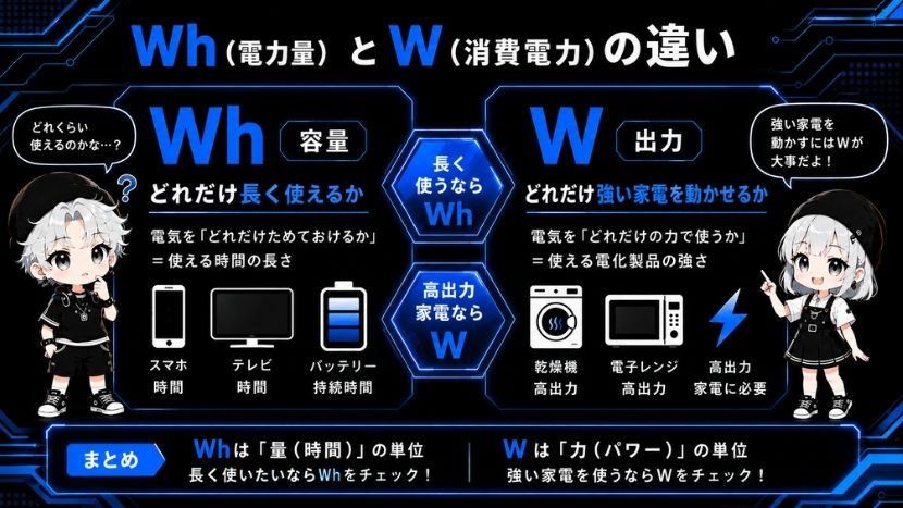 Wh(電力量)とW(消費電力)の違い